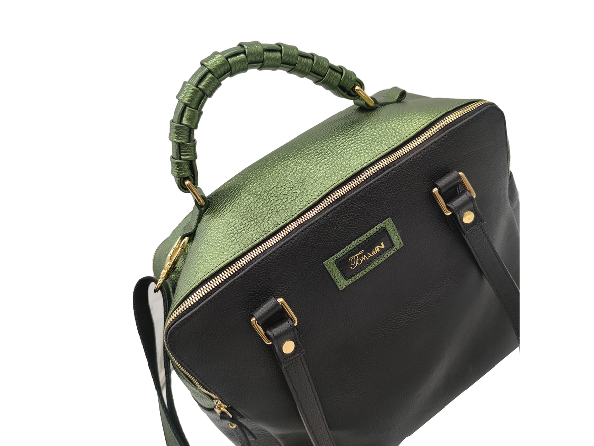 Borsa in pelle MARY nero e verde palude lamé