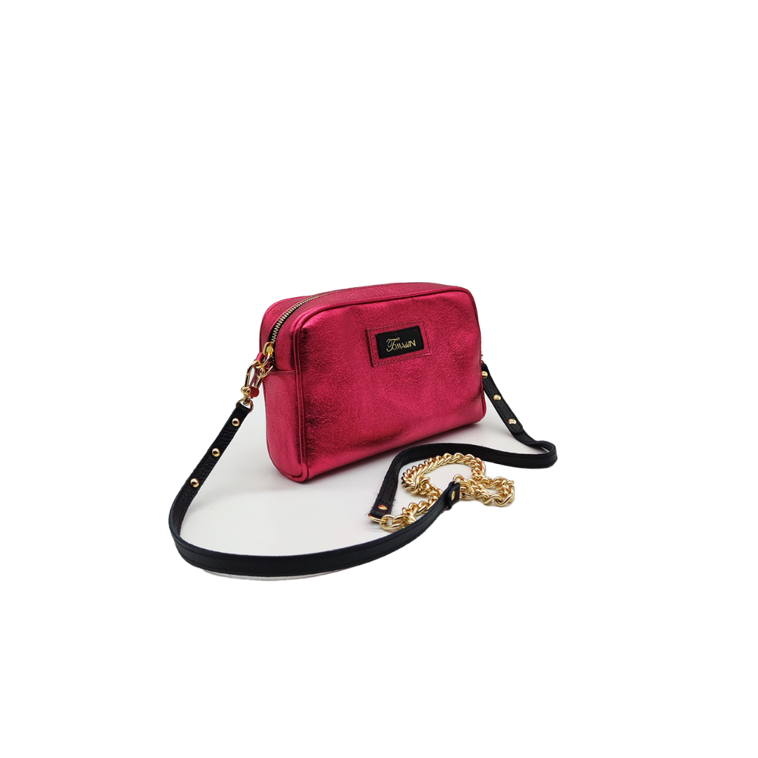 Borsa in pelle NINA fragola con tracolla con catena